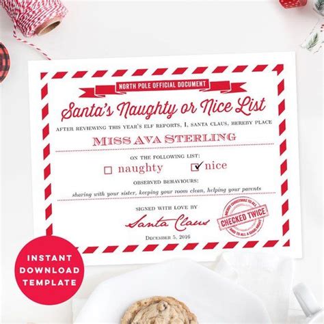 custom santas naughty  nice list certificate printable letter