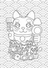 Coloring Neko Maneki Kids Pages Color Print Fans Adult Group sketch template