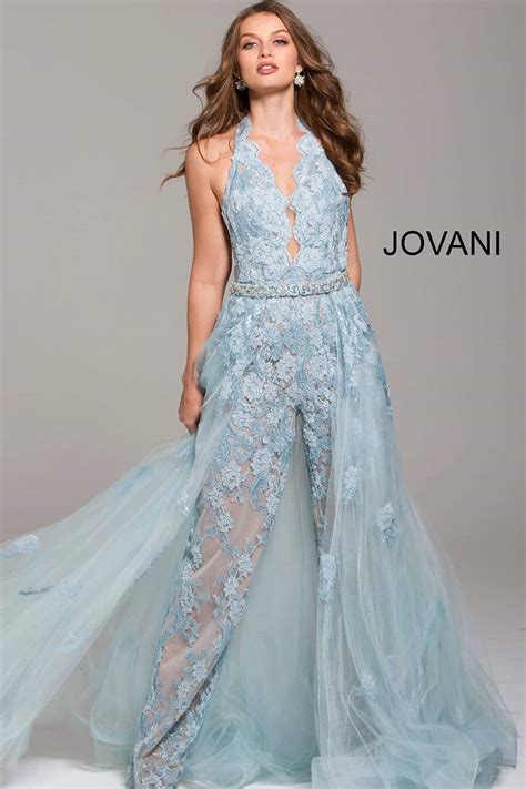 jovani 60124 light blue lace prom jumpsuit with over skirt