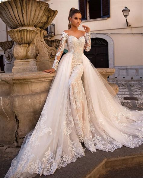 china mermaid ball gowns lace tulle long sleeves detachable train