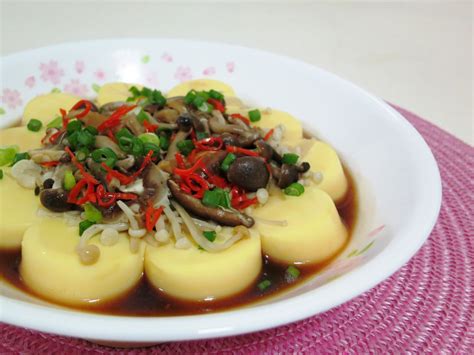 pinkypiggu steamed egg tofu  assorted mushrooms recipe included