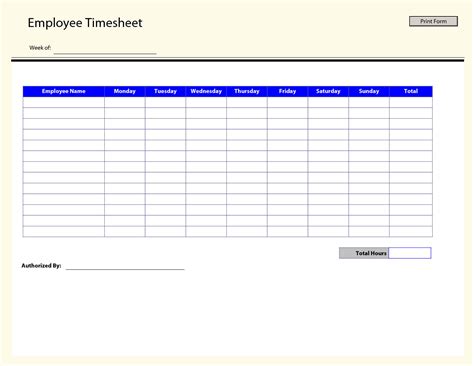 blank employee timesheet template templates printable