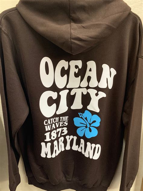 catch  waves ocean city maryland blue hibiscus hoodie brown