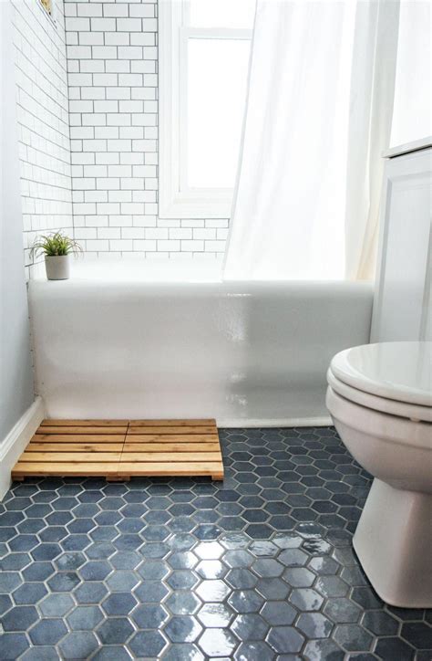 small bathroom ideas blue hexagon tile  white tiled walls