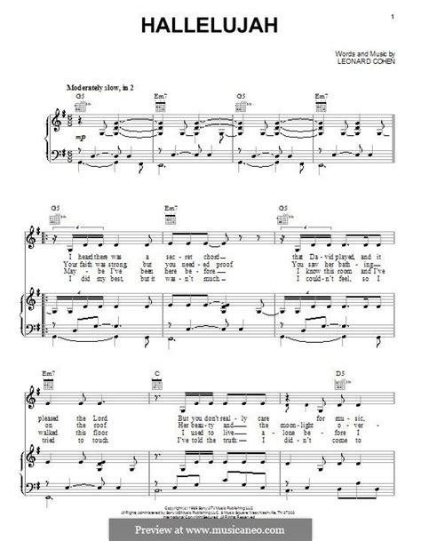 piano vocal score hallelujah by l cohen hallelujah lyrics hymn