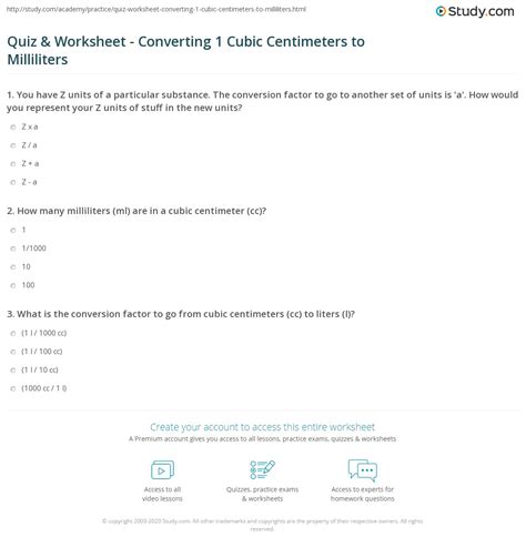 quiz worksheet converting  cubic centimeters  milliliters