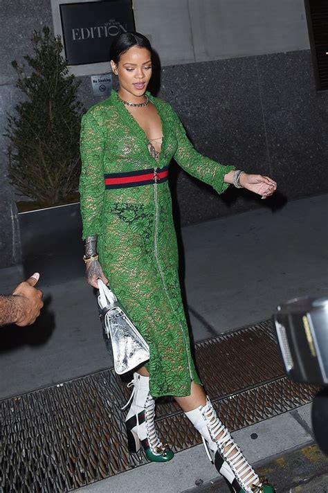rihanna flashes her nipples in sheer lace green dress as she enjoys