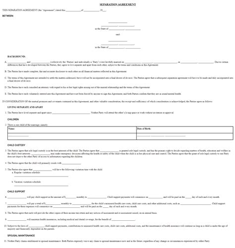 printable    separation agreement printable form