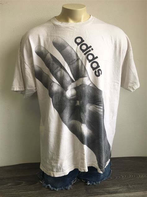 vintage adidas shirt  trefoil  stripes hand peace sign pixilated art black  white rap tee