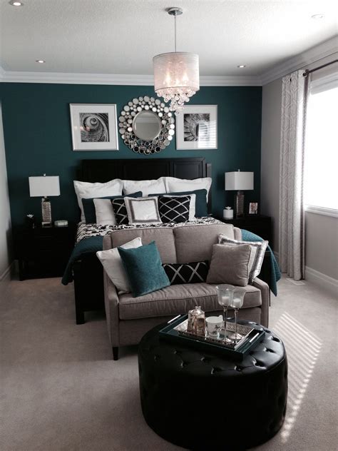 bedroom   beautiful green  teal feature accent wall  black accents remodel bedroom