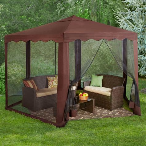 brown outdoor patio hexagon gazebo  screen   backyard canopy dining tent gazebos