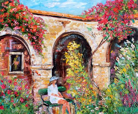 garden painting woman  flowers original oil landscape palette