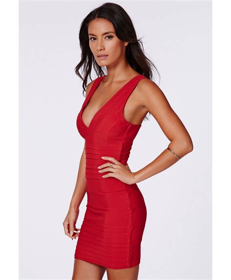 missguided leena bandage bodycon dress in red in red lyst