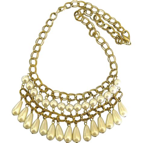 Vintage Faux Pearl Bib Dangle Gold Tone Necklace From Delmarclassique