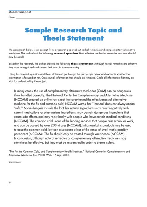 sample research topic  thesis statement printable