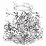 Ship Sunken Shipwreck Coloring Coral Pages Reef Vector Ocean Clip Ancient Clipart Illustrations Barco Hundido Graphic Fish Popular Drawn Line sketch template