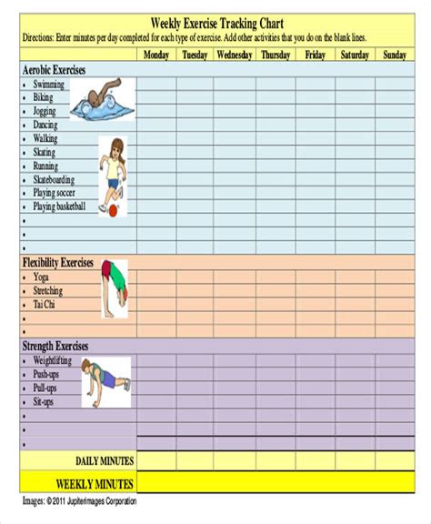 printable exercise chart forms  templates fillable samples  images