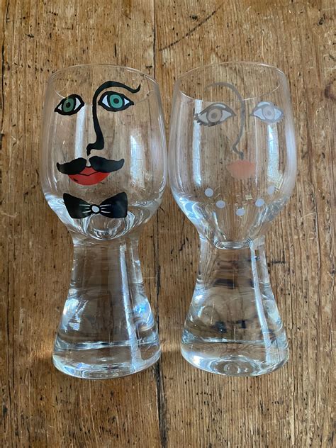 Vintage Unique Barware Drinking Glasses With Painted Faces Etsy