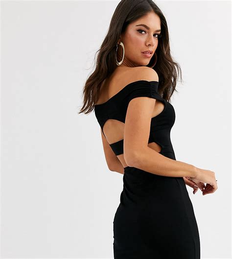 asos design tall uitgaan bardot mini jurk met uitsnijding op de rug zwart tall fashion