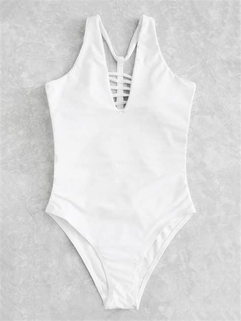 V Plunge Caged Back Swimsuit Shein Sheinside Swimsuits White