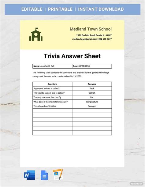 trivia answer sheet template google docs word apple pages