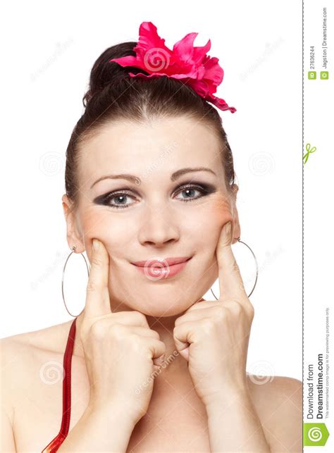 cute brunette woman forced smiling stock images image 27636244