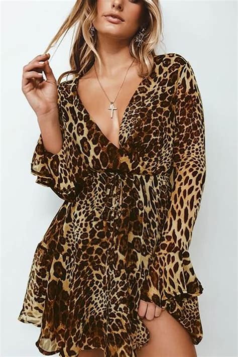 Leopard Long Sleeve V Neck Wrap Tied Casual Chiffon Dress