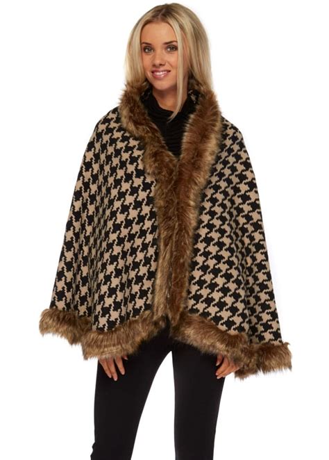 brown black faux fur cape dogtooth cape