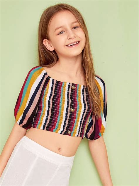 Shein Girls Buttoned Front Shirred Colourful Striped Top Girls