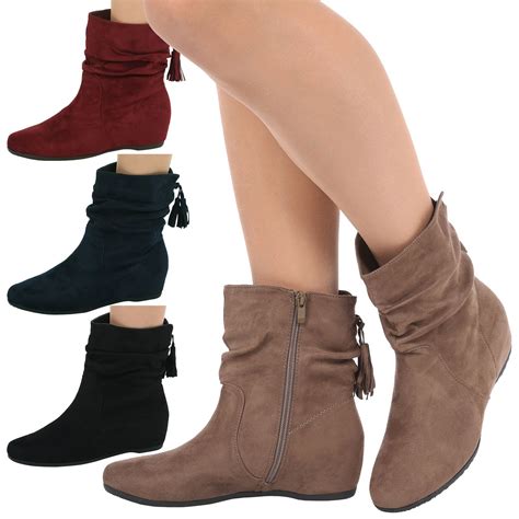 Womens Shoes Ladies Flat Slouch Low Heel Wedge Ankle Boots Pixie Casual