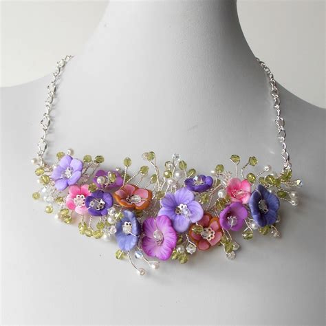 bridal jewelry flower necklace pink  purple  fivelittlegems