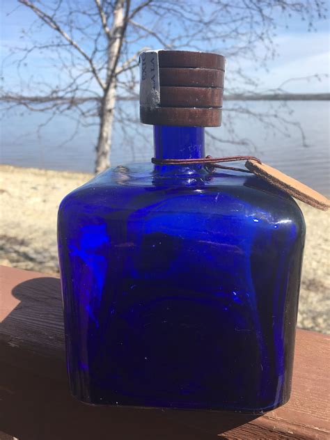 cobalt blue liquor bottle blue glass heavy    square etsy uk