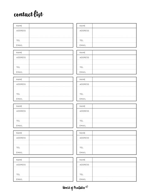 contact list templates     styles world  printables