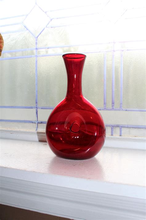 Vintage Blenko Glass Red Pinch Vase Doughnut Bottle 1950s Mid Century