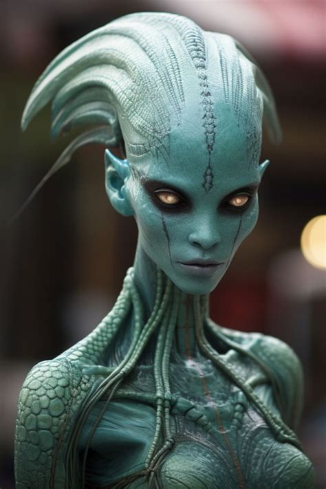 an alien woman with green hair and blue skin