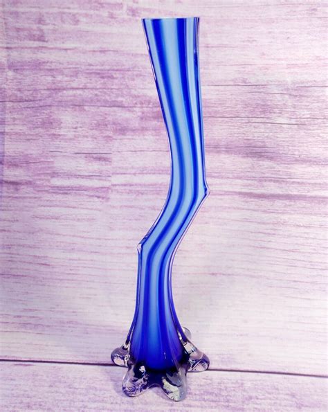 Murano Blue Dancing Striped Art Glass Bud Vase Italy 11 75