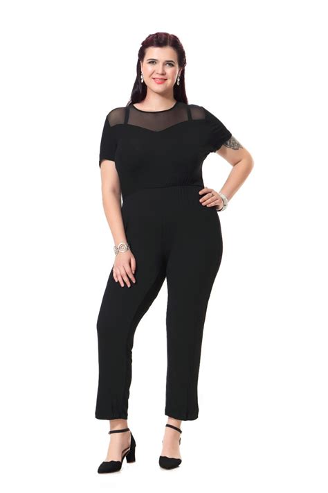 plus size sexy black jumpsuit casual stretch cotton jumpsuits with net
