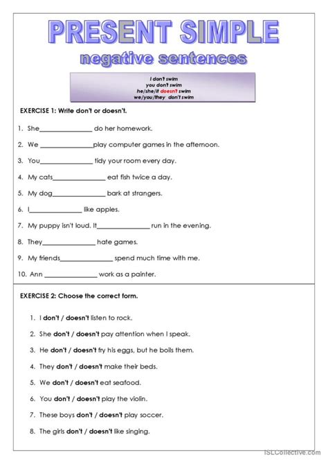 present simple negative form worksheet