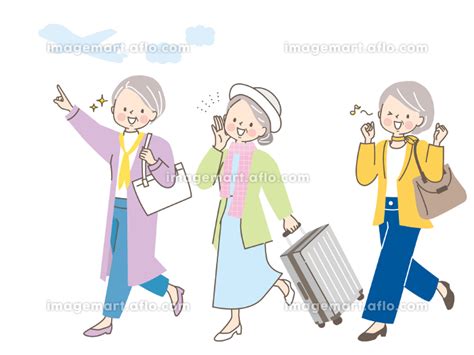 友達と旅行に行く3人の中年女性達のイラストセット [206876698] イメージマート
