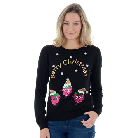 ladies womens novelty funny sequins rasp berry christmas jumper xmas sweater ebay
