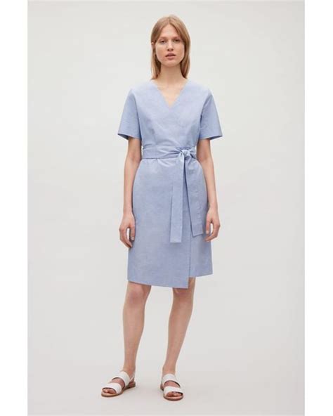 Cos Wrap Over Cotton Dress In Blue Lyst