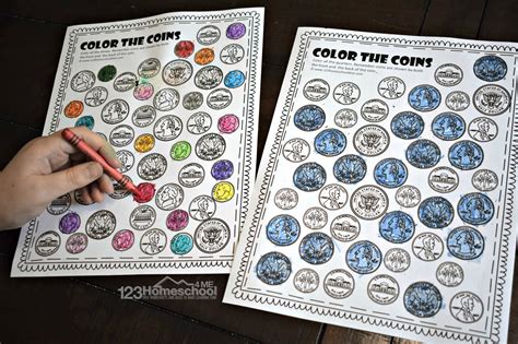 printable color  coin money worksheets