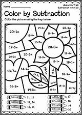 Subtraction Worksheets Color Fall Grade Math Coloring 2nd Code Addition Number 1st Printable First Autumn Pages Fun 3rd Kindergarten Maths sketch template
