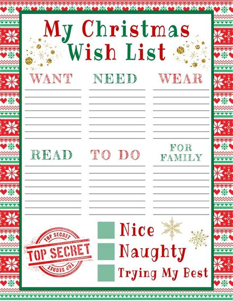 christmas  list printable template  kids editable holiday