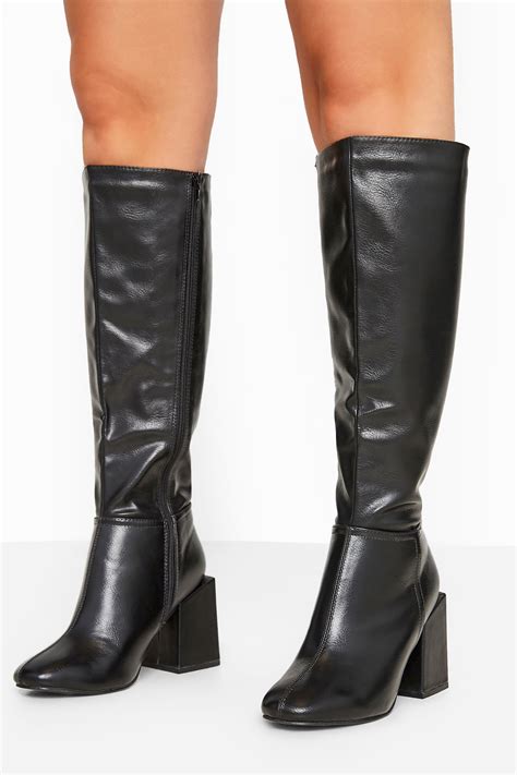 limited collection black vegan leather knee high heeled boots  extra wide fit  clothing