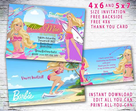 Pool Beach Doll Instant Download Editable Girl Birthday Invitation Free