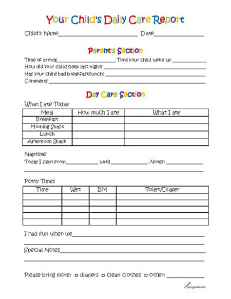 toddler day care report  template  printing