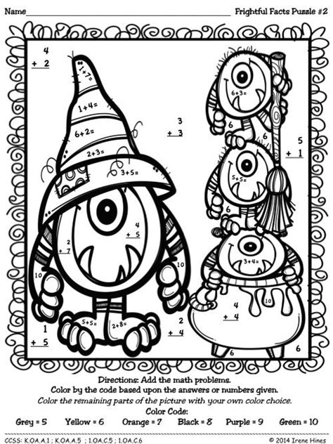 halloween math color  number addition sketch coloring page
