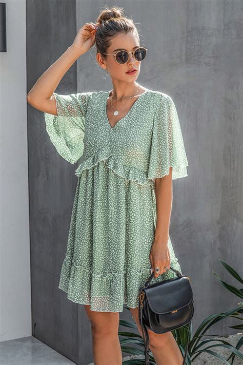 Ruffle Short Sleeve Dress With V Neck And Printed Design Short Mini