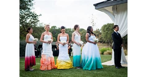 wedding with bridesmaids in rainbow dresses popsugar